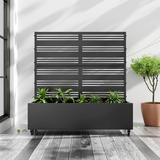 Casaphoria Metal Raised Garden Bed with Trellis and Wheels, 47"x47"x16" Planter Box for Climbing Plants, Vegetables & Vines, Features Drainage Holes and Privacy Screen (Black-Harold)