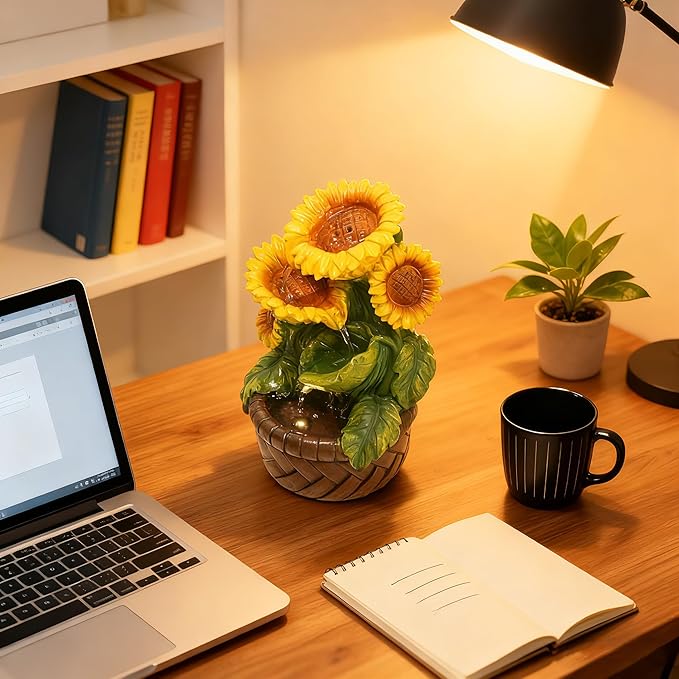 Tabletop Water Fountain Indoor Themed Sunflower Fountain Indoor Table Top Waterfall Desk Decor for Home Meditation Relaxation(Sun)
