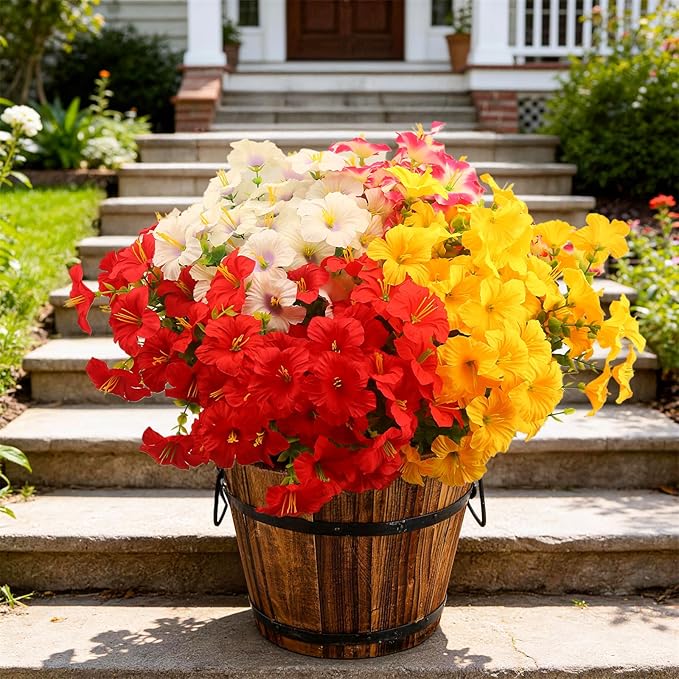Artificial Flowers for Outdoors Fake Plants Outside, 16 Bundles Silk Morning Glory with Eucalyptus, UV Resistant Realistic Faux Flowers for Planters Porch Patio Garden Balcony Decor (4 Color)