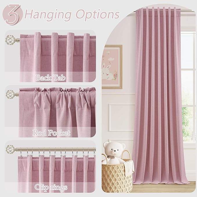 Guken Rose 100% Blackout Linen Curtains 96 Inch Length 2 Panels Set for Living Room Bedroom Back Tab/Rod Pocket Thermal Insulated Farmhouse Farmhouse Black Out Drapes Room Darkening,52x96
