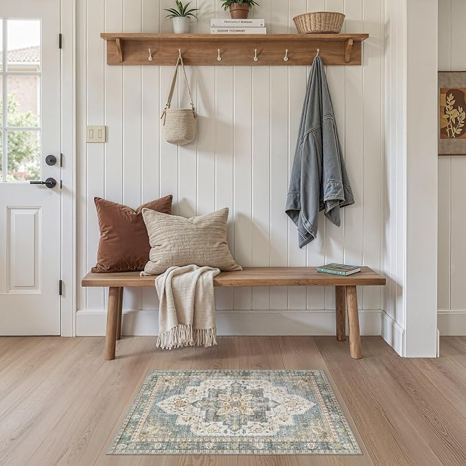 Tortania Area Rug 2x3 Doormat - Washable Vintage Oriental Farmhouse Soft Thin Indoor Carpet for Living Room Bedroom Hallway Entryway Kitchen - Muted Teal