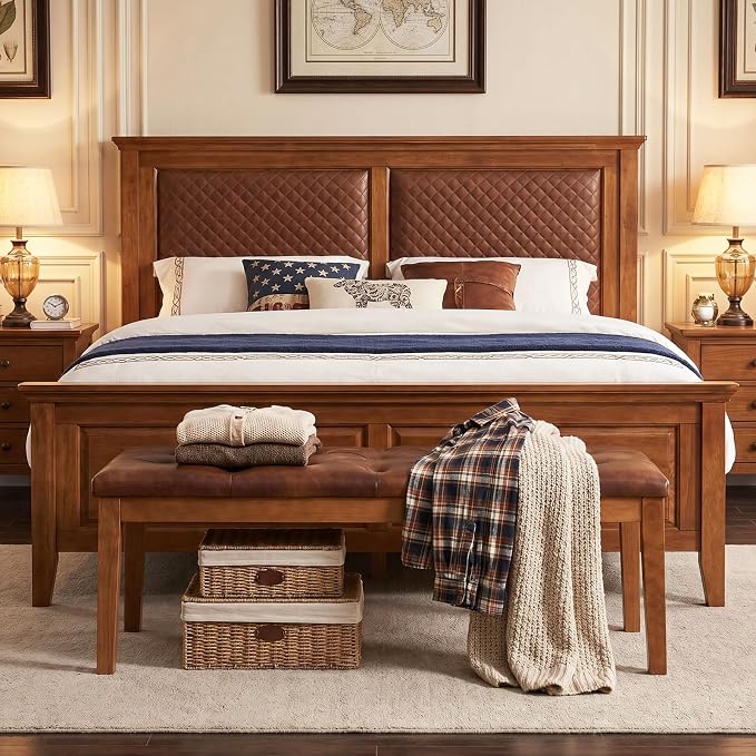 Ottoman Bench Upholstered Padded Seat with Solid Wood Legs and Button-Tufted, Big Oversized Ottoman, Linen Grey