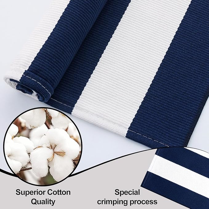 OLANLY Navy and White Striped Rug 3' x 5' – Washable Cotton Indoor Outdoor Doormat for Front Door, Entryway, Kitchen, Porch, Patio Decor