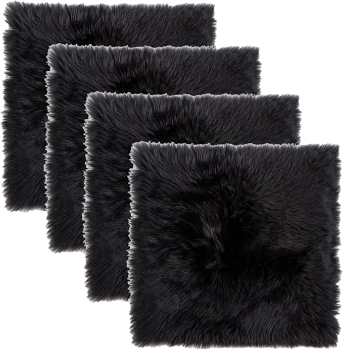 Set of 4, Natural Sheepskin Chairpad with Non-Slip Backing | 100% Real New Zealand Wool Sheepskin for Car Seat, Accent Chair, or Vanity Chair, Black
