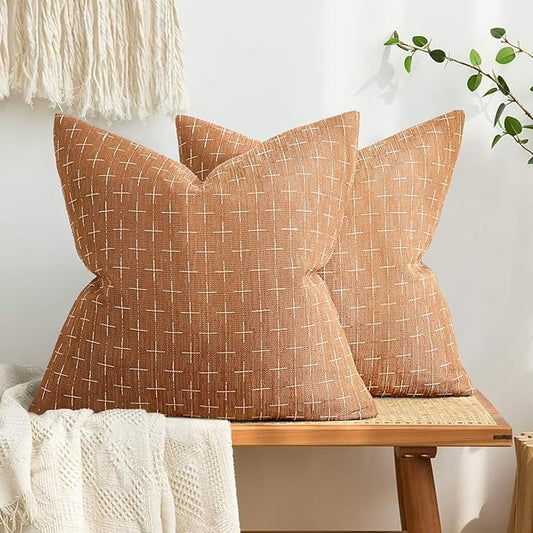 MIULEE Pack of 2 Decorative Burlap Linen Throw Pillow Covers Farmhouse Pillowcases Modern Rustic Woven Textured Cushion Cover for Sofa Couch Bed 18x18 Inch Brick