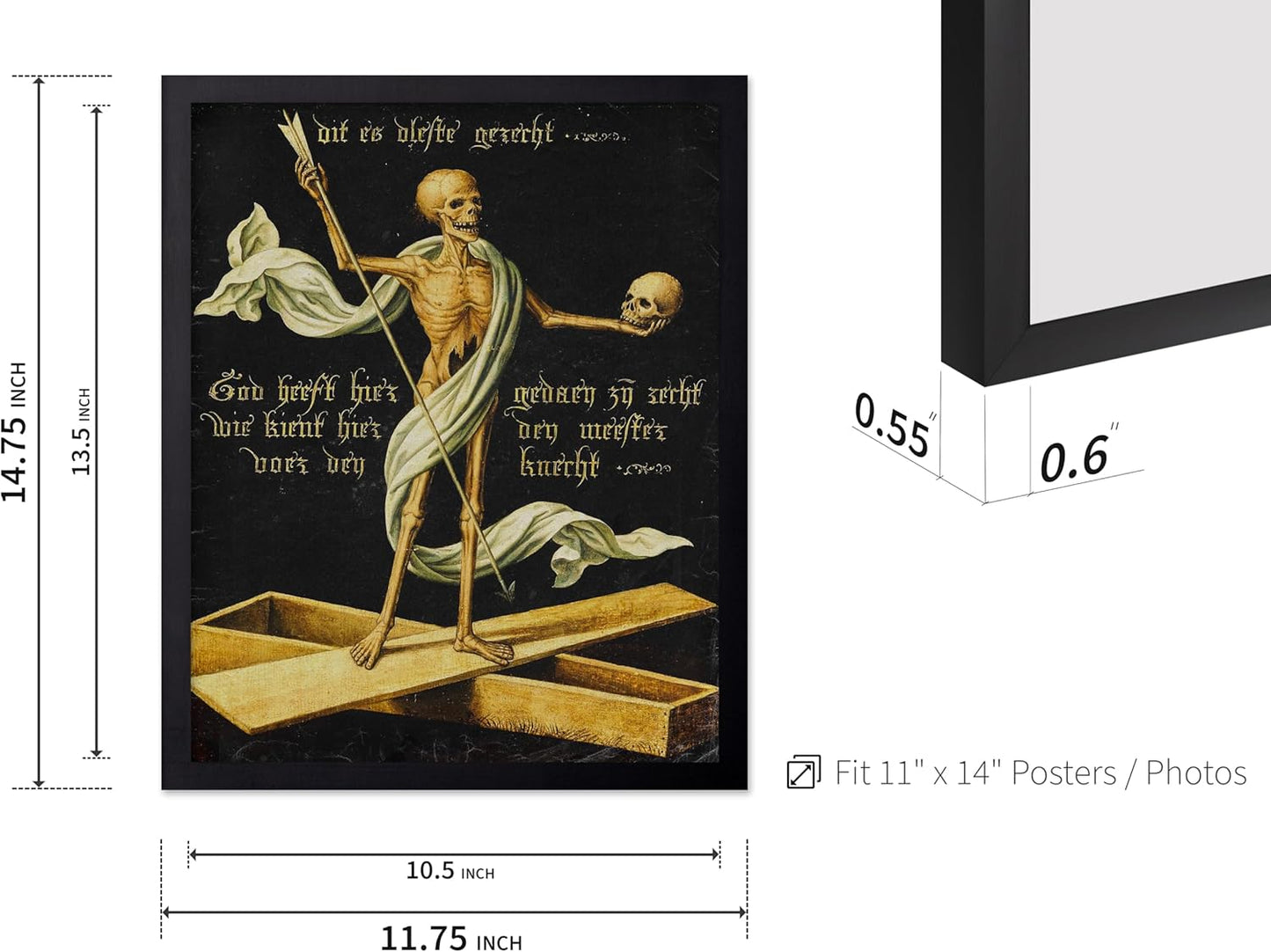 Poster Master Vintage Medieval Poster - Retro Gothic Print - Gift for Artist, Friend - Allegory of Life and Death, Skeleton, Dark, Skull - Wall Decor for Home, Living Room, 11x14 Black Framed