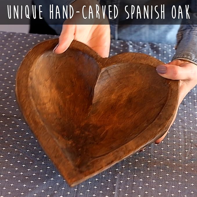 MAINEVENT Decorative Bowl Home Decor Approx 10.5x12 Inch, Spanish Oak Wooden Dough Bowl, Heart Shaped Wood Dining Room Table Centerpiece Made in USA