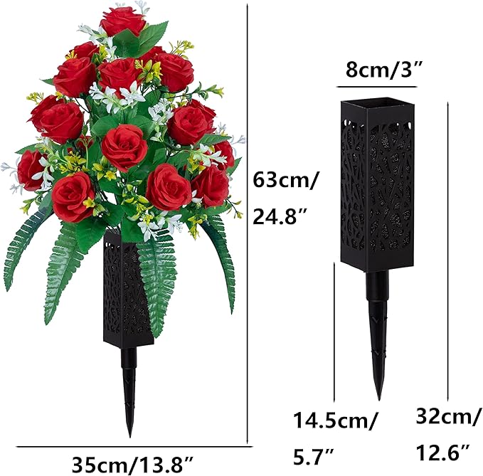 DONODA 2 Sets of Artificial Cemetery Flowers， Outdoor Grave Decorations Roses，Accompanied by 2 Long Nail Vases，Lasting and Non-Bleed Colors. (18 Heads (red))