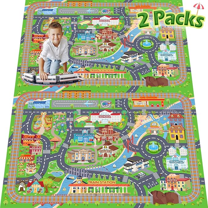 Car Rug Play Mat for Kids Toy Cars, 2 Packs 3'x4'/ 36"x48" Road Traffic Playmat for Kid Bedroom, Non-Slip Machine Washable Town City Race Track Carpet for Learn and Have Fun
