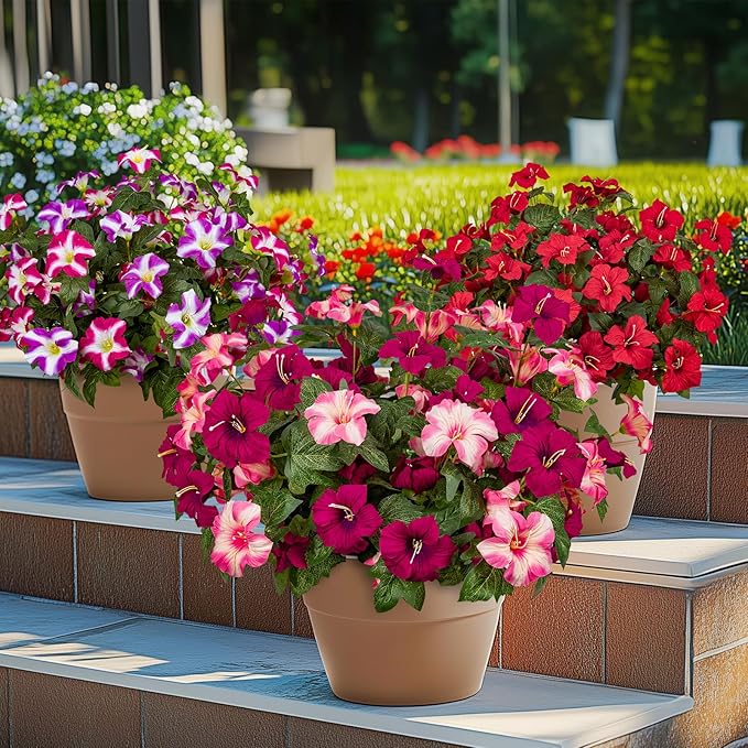 19 Inch Artificial Fake Flowers for Outdoor,4 Pcs Rose red Pink Faux Silk Petunias Spring Flowers for Outside for Indoor Porch Planter Front Door Garden Patio Window Box Home Decor