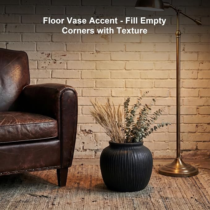Oakrain Large Rustic Vase with Vertical Ribbed Texture, 9" Vintage Black Round Vase, Decorative Planter for Indoor, Table Centerpieces, Distressed Decor
