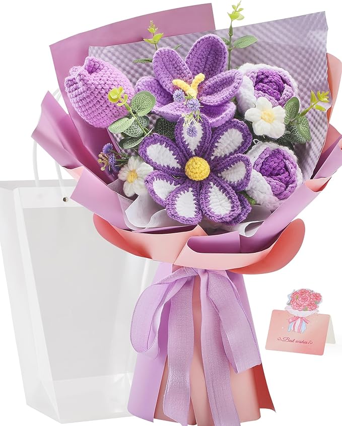 Alecono Crochet Flower Bouquet, Purple Knitted Flowers, Crochet Tulip Galsang Flower for Lover Anniversary Birthday Party Mother's Day Graduation Gifts (Include Card)