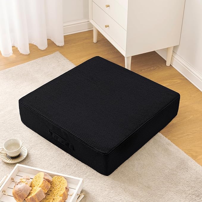 Wellsin Solid Square Floor Pillows for Adults Kids - Large Meditation Floor Pillow Seating Cushion with Thick Foam & Washable Velvet Cover, 2 Pack, 22x22x5 Inch, Black