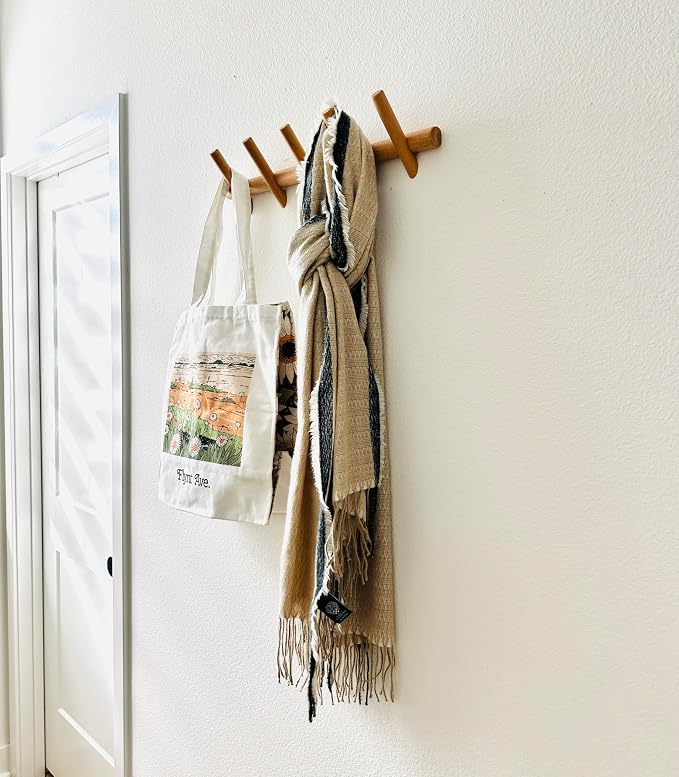 Modern 5-Hook Wooden Coat Rack, Decorative Coat Rack wall Mount for Bags, Hats, Purse, Heavy Duty, Sturdy, Natural Oak, wall Mounted Hooks
