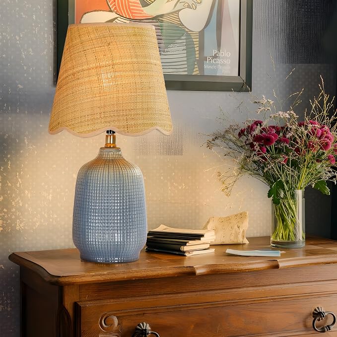 Pia Ricco Set of 2 19" Modern Ceramic Table Lamp for Living Room Gray Blue Base Desk Lamps for Bedroom Farmhouse Bedside Nightstand Lamp End Table Lamps,Bule,Rattan Shade