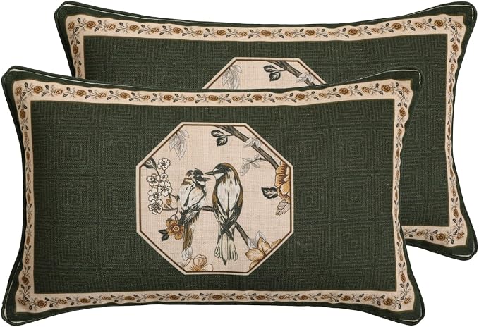 ISAENNE Vintage Linen Rectangle Throw Pillow Cover,Set of 2,20"x12"-Murad E | Designer French Green Pillow Cover,Concealed Zipper Design,Floral and Bird Pattern,Sofa,Bedroom,Living Room,Lounge Chairs