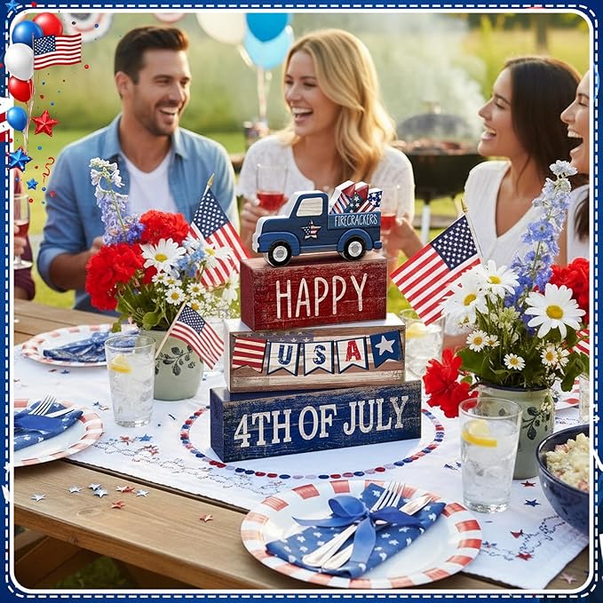 CroBlissful 4 Pcs 4th of July Decorations Patriotic Memorial Day Tabletop Decorations Red White Blue Table Centerpieces Sign for Office Tiered Tray Home Shelf 250th Anniversary(Happy Usa)