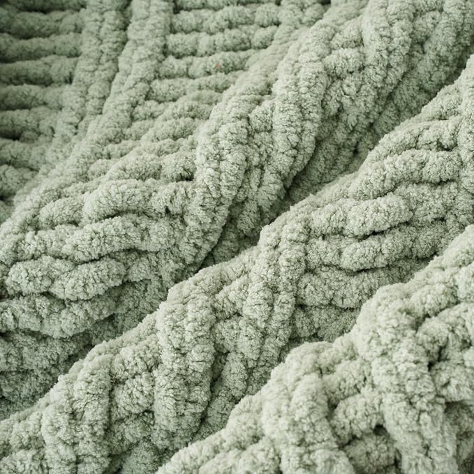 Battilo Chunky Knit Throw Blanket for Couch, 50"x60", Sage Green | Hand Knit, Gift Blanket, Cozy Warm Thick Soft Chenille Throw Blanket for Bed, Sofa, Chair, Living Room