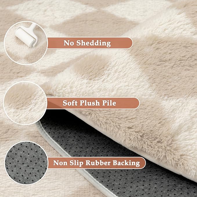 PureCozy Checkered Rug 8x10 Fluffy Shag Living Room Beige Area Rug Modern Washable Carpet Soft Shaggy Non Slip Indoor Plush Fuzzy Rugs for Bedroom Dorm Office Home Aesthetic Decor