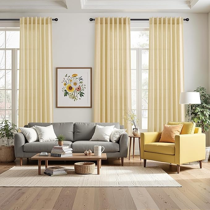 Nanspring Extra Long 120 Inch Curtains for Living Room Cream Yellow Linen Modern Farmhouse Privacy Sheer Curtains Back Tab and Rod Pocket Floor to Ceiling Curtain for Bedroom Office 52x120, 2 Panels