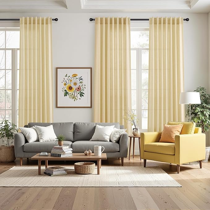 Nanspring Cream Yellow Linen Curtains 90 Inches Long for Living Room Light Filtering Modern Farmhouse Sheer Curtains Back Tab and Rod Pocket Curtain for Bedroom Office 52x90, 2 Panels