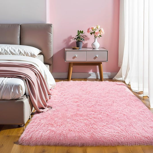 KICHOWUA Thick Area Rug 4x6 Pink Fluffy Shag – Ultra Soft Thickened Plush Washable Carpet, Non-Slip Fuzzy Shaggy Rug for Girls Bedroom, Kids’ Room, Nursery, Baby, Dorm, Living Room Cozy Décor