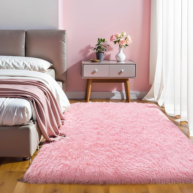 KICHOWUA Thick Area Rugs 6x9 Pink Fluffy Shag for Girls Bedroom, Soft Plush Fuzzy Washable Thickened Non-Slip Large Carpet for Living Room, Modern Shaggy Furry Rugs for Toddler Nursery Kids Dorm Room