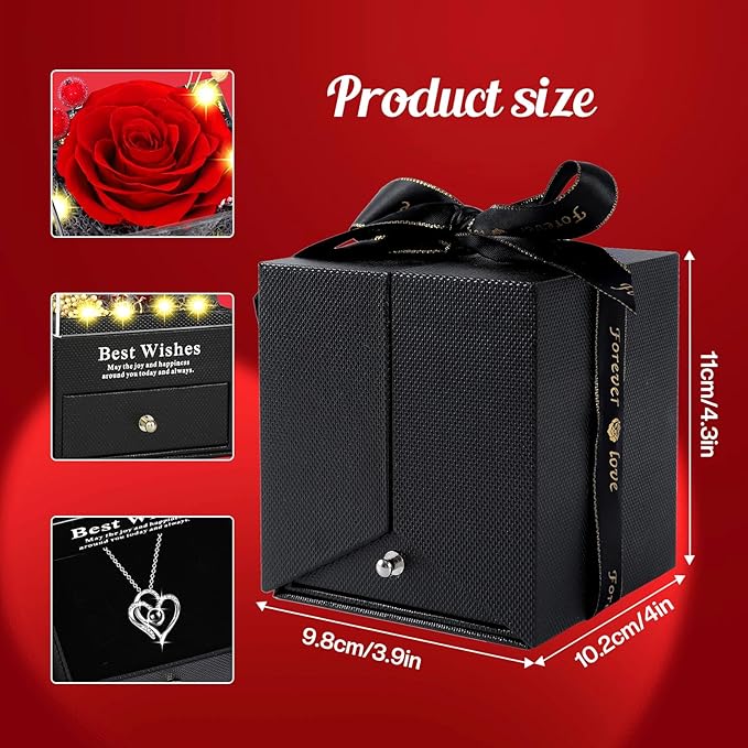 Pasuvsigt Mothers Day Mom Birthday Gifts for Women, Preserved Real Rose with I Love You Heart 100-Language Necklace, LED Lights & Music Box, Anniversary for Women Girlfriend Mom