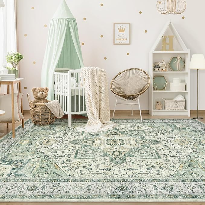 Tortania Area Rug Living Room Rugs - 9x12 Washable Boho Rug Vintage Oriental Distressed Farmhouse Large Thin Indoor Carpet for Living Room Bedroom Under Dining Table Home Office - Green
