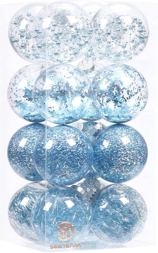 Sea Team Shatterproof Clear Plastic Christmas Ball Ornaments Decorative Xmas Balls Baubles Set with Stuffed Delicate Decorations (100mm/3.94 inch 16-Pack, Babyblue)