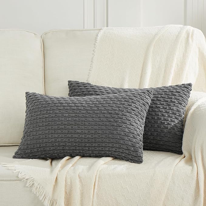 Fancy Homi 2 Packs Dark Gray Long Lumbar Decorative Throw Pillow Covers 14x24 Inch for Couch Bed Sofa, Modern Farmhouse Boho Home Decor, Soft Cute Plush Corduroy Rectangle Cushion Case 35x60 CM