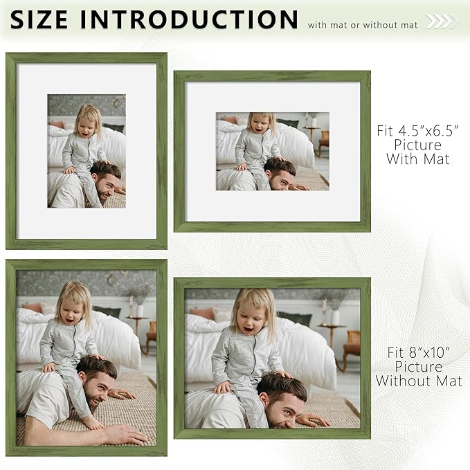 Picrit 8x10 Picture Frame Set of 12, Display 5x7 with Mat or 8x10 without Mat, Photo Frames for Wall Mounting or Table Top Display, Green Wood Grain