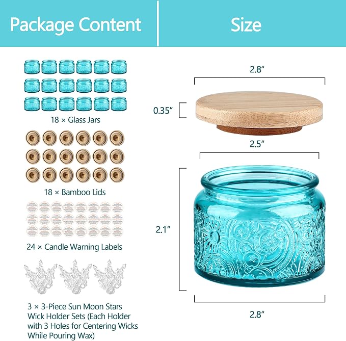 4 oz Blue Sun Moon Stars Candle Jars with Bamboo Lids, 18 Pack | Patented Embossed Design, Includes Wick Centering Devices & Warning Labels, Multiple Color Options