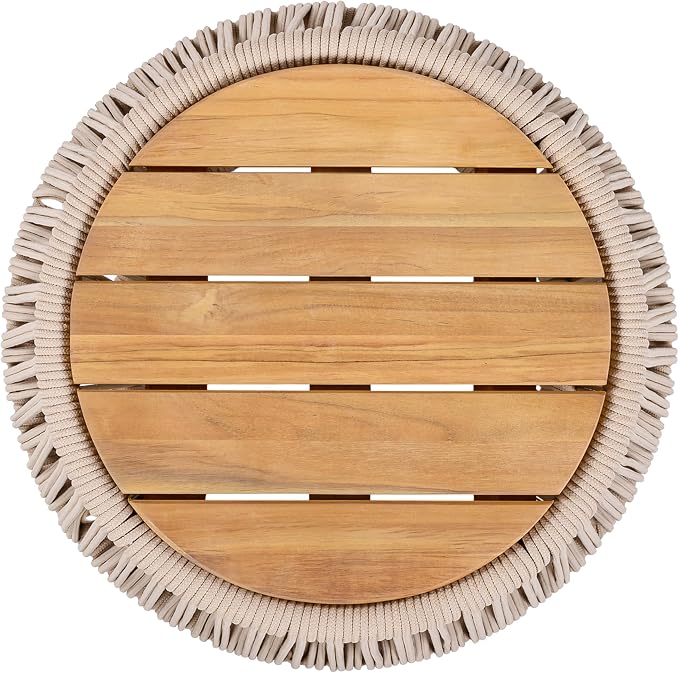 Christopher Knight Home Norshire Outdoor Side Table with Rope Base, Acacia Wood End Table, Round Patio Table, Accent Table for Garden Balcony Poolside and Indoor Use, Garden Stool, Beige+Light Teak