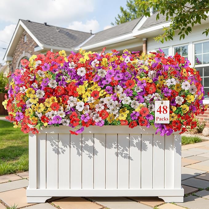 Alupssuc 48 Bundles Artificial Flowers for Outdoors Decoration, UV Resistant Silk Faux Floral Spring Fake Plastic Plants Greenery for Outside Indoor Home Porch Window Planter Decor, Mix 4 Colors