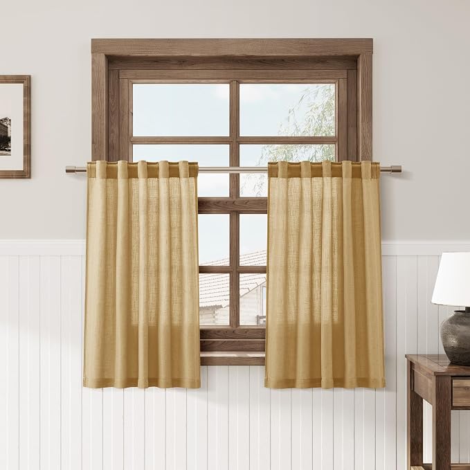 Gold Yellow Kitchen Tier Curtains 24 Inch Length Linen Blend Privacy French Country Light Filtering Short Curtain with Rod Pocket Back Tab for Over Sink Window Bathroom Laundry 2 Panels 30Wx24L