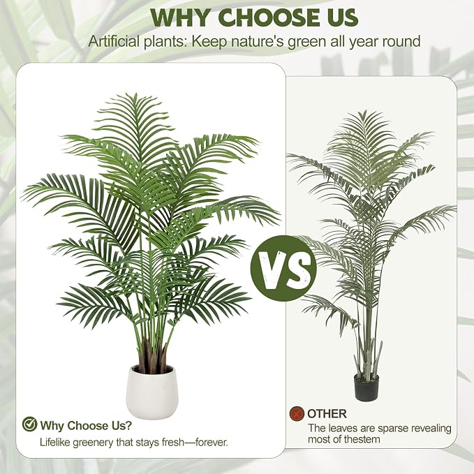 4ft Artificial Palm Tree Tall Faux Palm Tree Indoor Large Fake Plants with 12 Trunks Artificial Plants with White Pot Lifelike Leaves for Home Office Decor Living Rooms Bedrooms