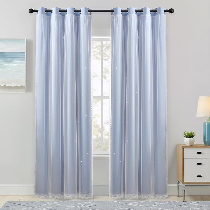 XiDi Sky Blue Blackout Curtains for Girls Bedroom Living Room 72 Inches Long 2 Panels Star Curtains Boys Kids Room Darkening Thermal Insulated Drapes Grommet Noise Reduction Window Treatments 34x72