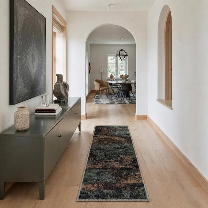 BEIMO 2X7 Runner Rug for Hallway Kitchen, Machine Washable Runners Rug for Entryway, Soft Modern Abstract Throw Rugs, Low Pile Floor Cover with Non Slip Backing, Black/Earthy Green