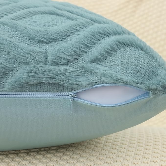 decorUhome Summer Throw Pillow Covers 18x18 Inch Set of 2, Soft Plush Faux Wool Aqua Solid Couch Pillow Covers, Accent Farmhouse Neutral Square Pillow Cases for Sofa Bed Living Room