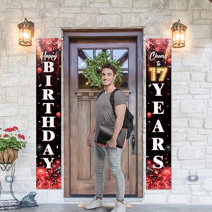 5665 Happy 17th Birthday Porch Sign Door Banner Decor Red and Black – Glitter Cheers to 17 Years Old Birthday Party Theme 01 0