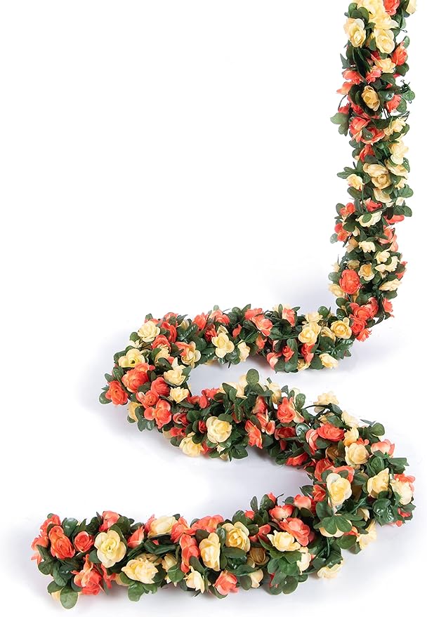 PONKING 6 Pcs x 8.2 ft Flower Garland Artificial Rose Vine Flowers with Green Leaves Hanging Fake Roses Vine for Room Party Home Wedding Birthday Christmas Wall Arch Decor, Champagne Flower