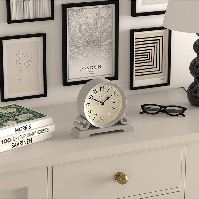 JONES CLOCKS® Saloon Mantel Clock | Small Traditional Double Scroll Design | Gray | Contemporary Classic Style for Desk, Table, Shelf or Bedside