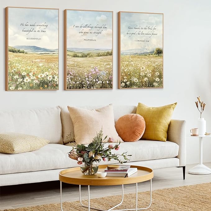 LHIUEM Christian Flowers Framed Canvas Wall Art,Vintage Bible Verse Wall Decor,Religious Jesus Prints,Natural Scripture Artwork for Living Room,Bedroom,Dining Room -24"x36"x3