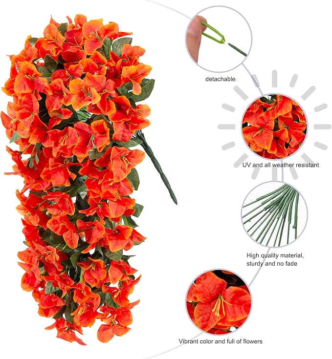 Bougainvillea Artificial Hanging Flowers Plants for Outdoors Decoration, 2pcs Fake Flowers Silk Bougainvillea Vines Realistic UV Resistant Faux Flowers for Outdoor Planters Porch Patio Gardens, Orange