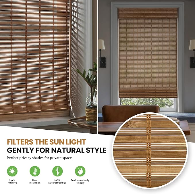 LazBlinds Cordless Bamboo Roman Shades for Windows, 26'' W x 60'' H | Natural Light Filtering Bamboo Window Blinds, Bamboo Blinds for Bedroom Living Room Office Indoor