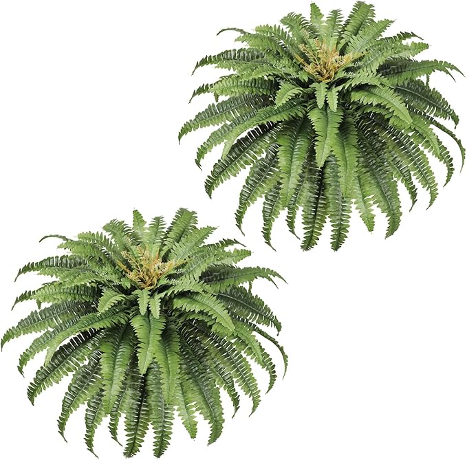Artificial Ferns for Outdoors, 45" Large Faux Ferns 63 Fronds Fake Boston Fern Plant for Planter Garden Home Yards Farmhouse Decor 2 PCS Dark Green