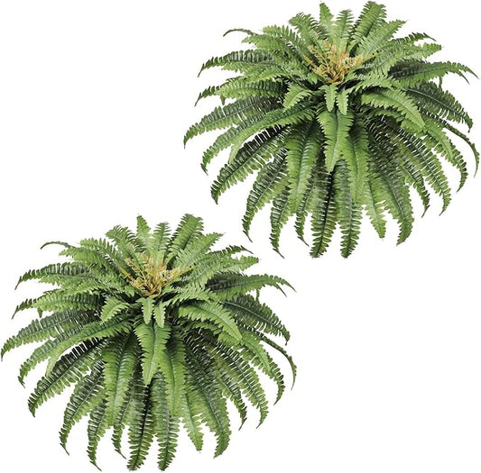 Artificial Ferns for Outdoors, 45" Large Faux Ferns 63 Fronds Fake Boston Fern Plant for Planter Garden Home Yards Farmhouse Decor 2 PCS Dark Green
