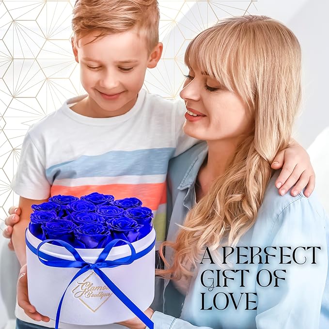 GLAMOUR BOUTIQUE Flower Forever Gift Box, 12 Real Preserved Roses in Round Velvet White Box, Handmade Floral Gift with Rose Petals for Birthday, Anniversary or Graduation, Blue (Color-Treated)