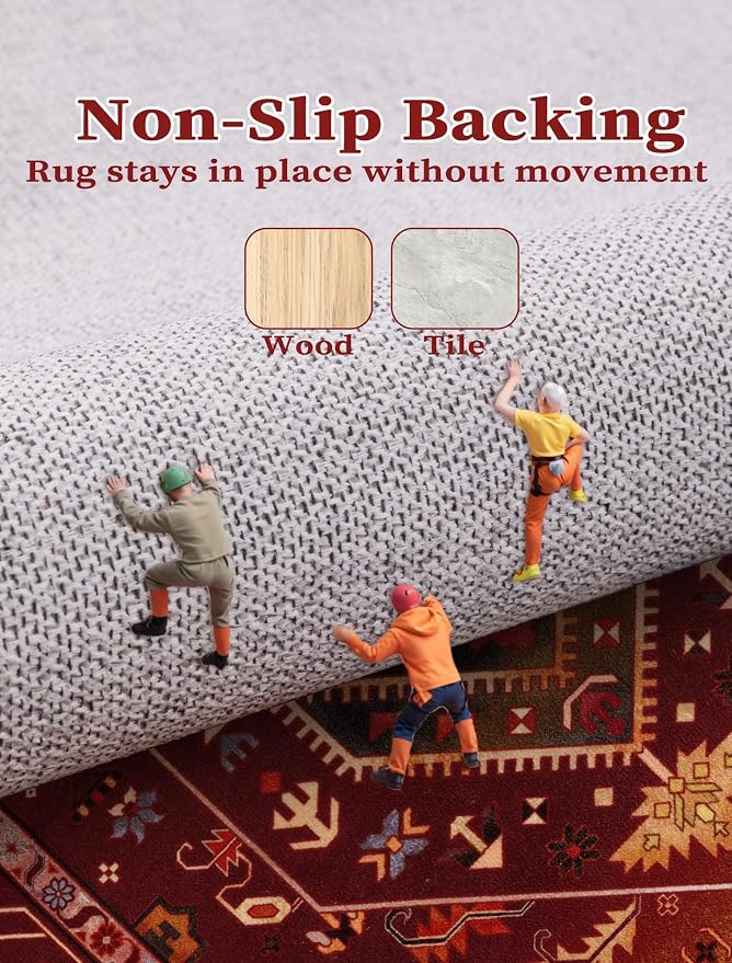 SERISSA Runner Rug for Hallways, 2'6"x14' Washable Non Slip Runner Rug, Extra Long Boho Rug Ultra Soft Vintage Rustic Red Gold Print Floor Carpet for Bedroom Hallway Entryway Bathroom Laundry Room